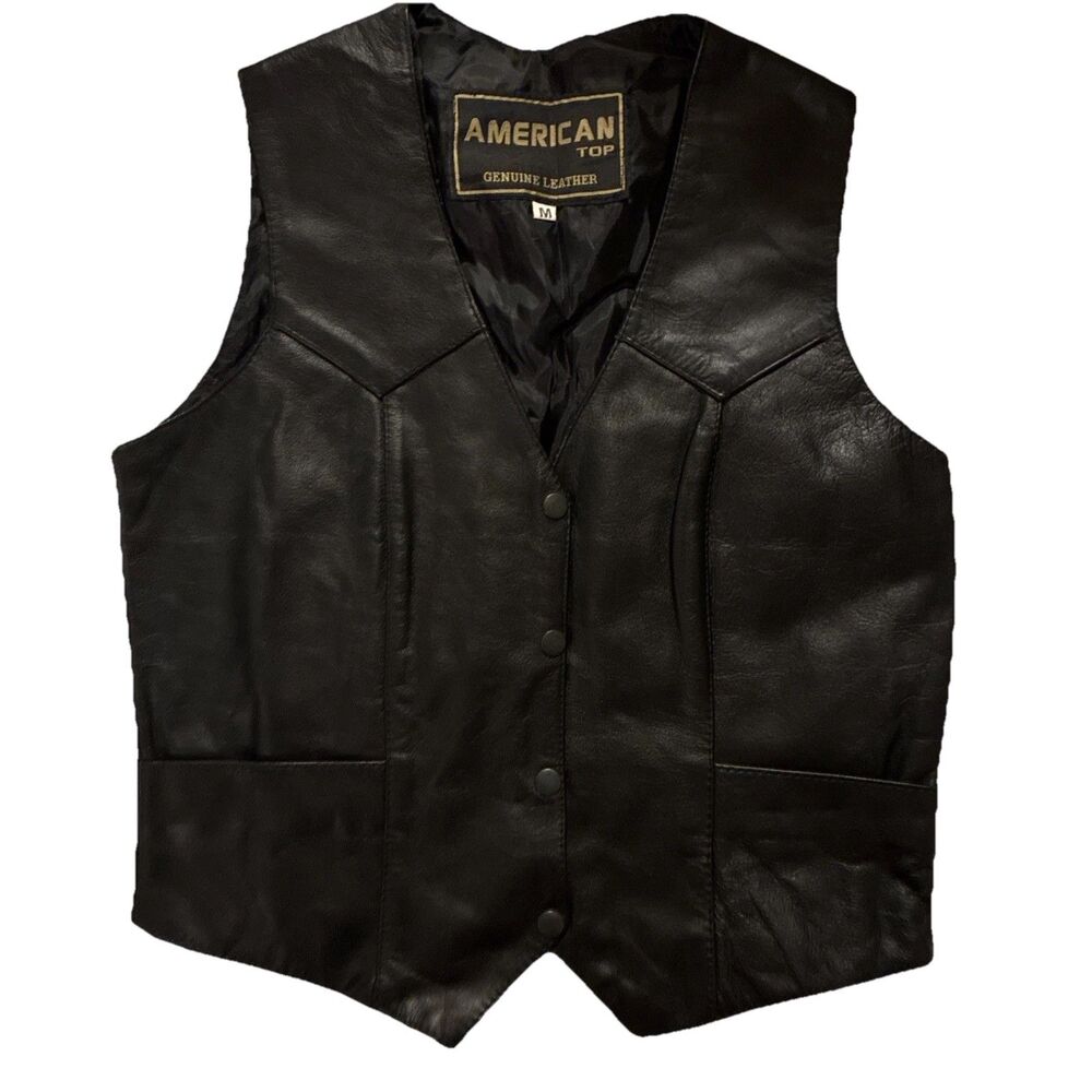 Vintage American Top Leather Women’s Black Biker Vest Medium